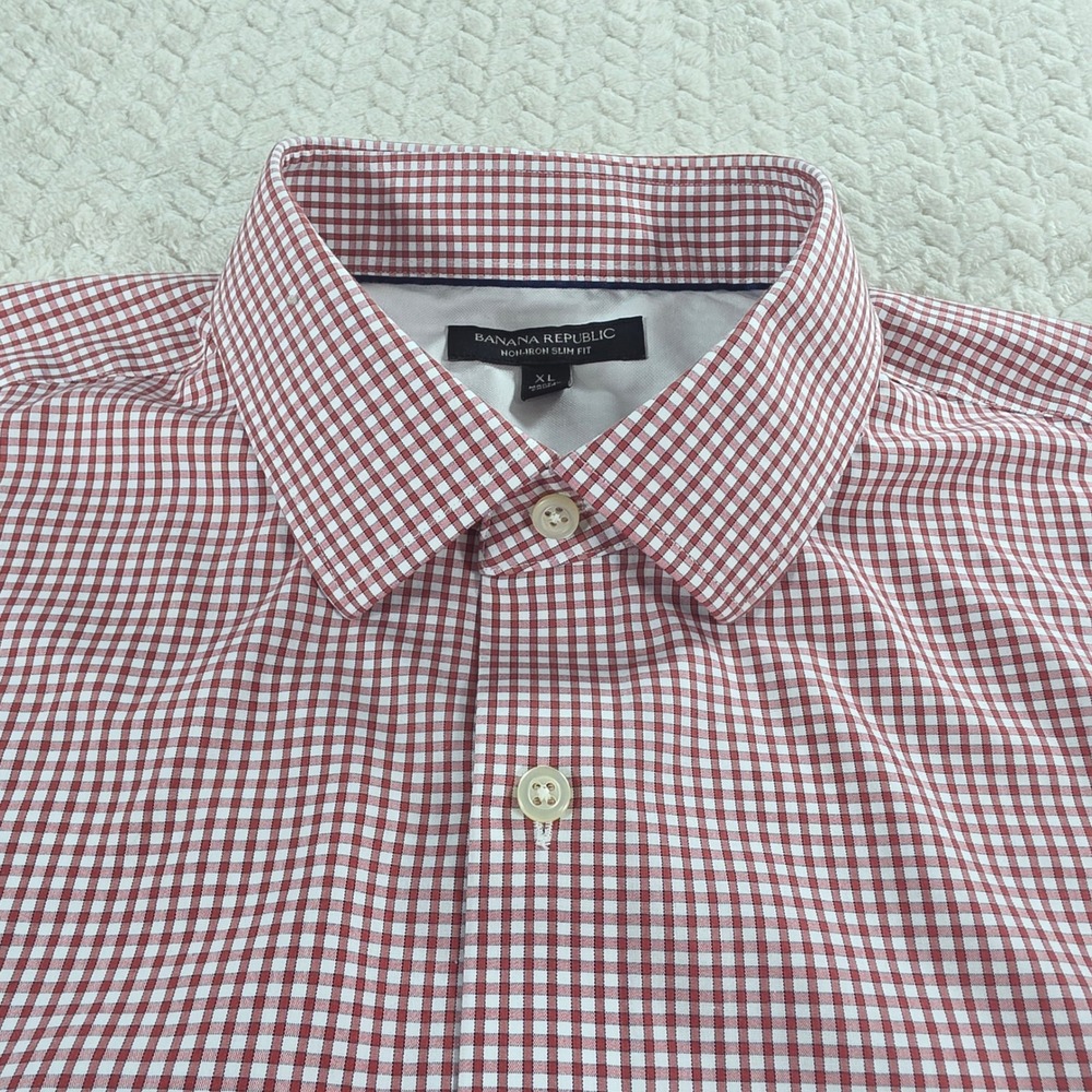 Banana Republic Men Red Gingham Button Down Shirt Non-Iron Slim Fit XL Long Slve